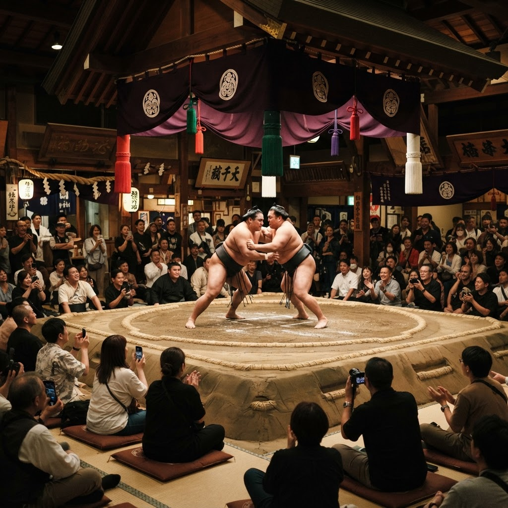 Clay sumo ring with hanging roof inside an Asakusa venue