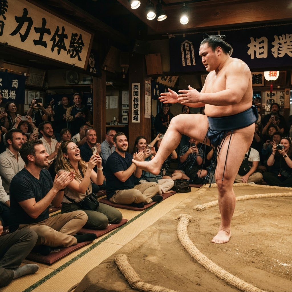 Sumo wrestler explaining rules to a seated audience