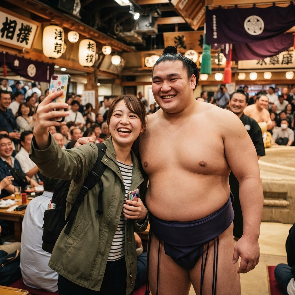 Visitor posing for a photo with a sumo wrestler